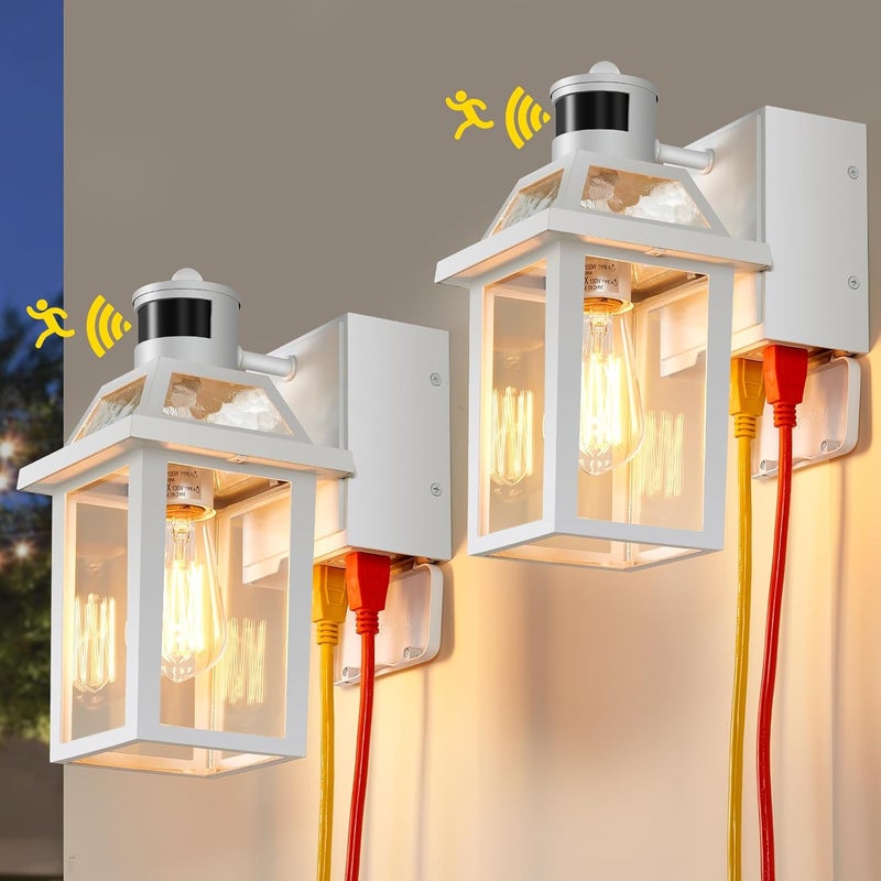 Yisuro Porch Lights with GFCI Outlet, Dusk to Dawn Motion Sensor Outdoor Light, 3 Lighting Modes Exterior Fixture, Outside for House Front Door Patio Garage(2 Pack White) - Image 1